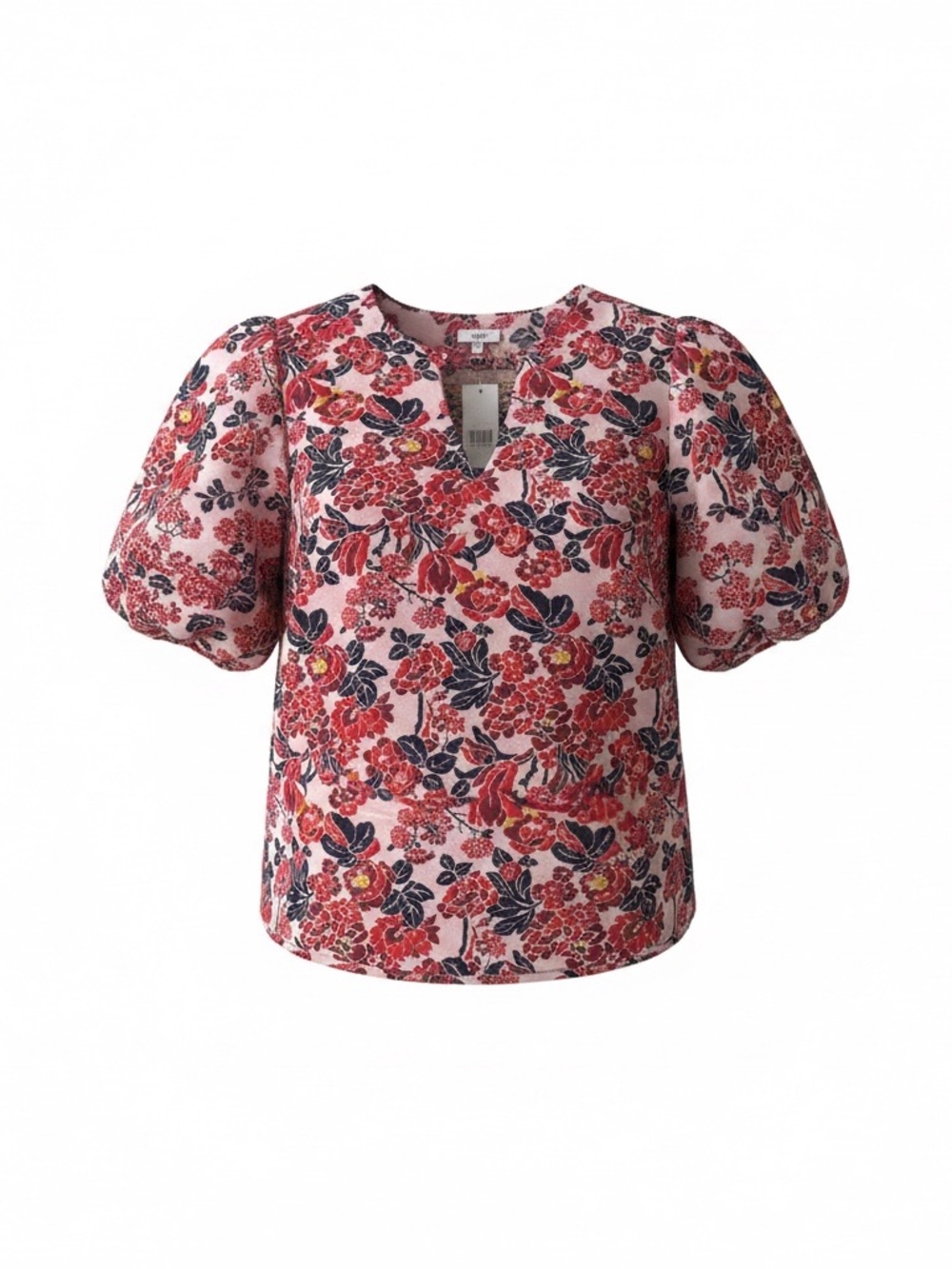 Voy Pink Floral Puff-Sleeve V-Neck Blouse